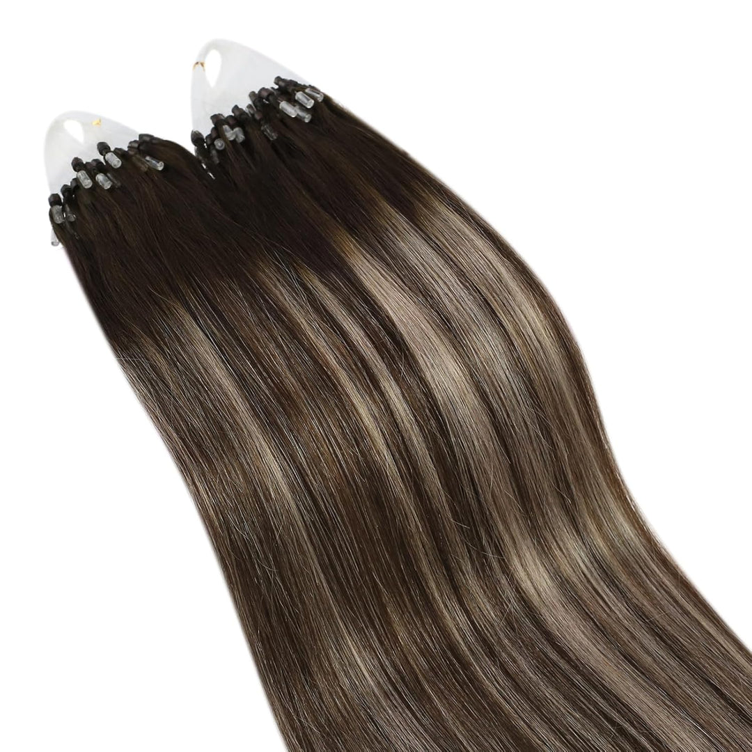 Ugeat 55cm Haarverlängerung Micro Bondings Balayage 4/18/4 Dunkelbraun Ombre Aschblond Microlink Hai
