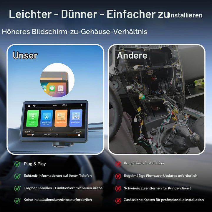 7" Drahtloses Tragbares Car Play Display für Apple CarPlay &amp; Android Auto mit Bluetooth, Mirror Link