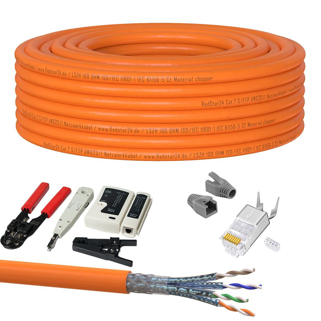 30m CAT 7 Kabel Verlegekabel Netzwerkkabel Crimpzange RJ45 Zange / Kabeltester / Kabelmesser / 20x N
