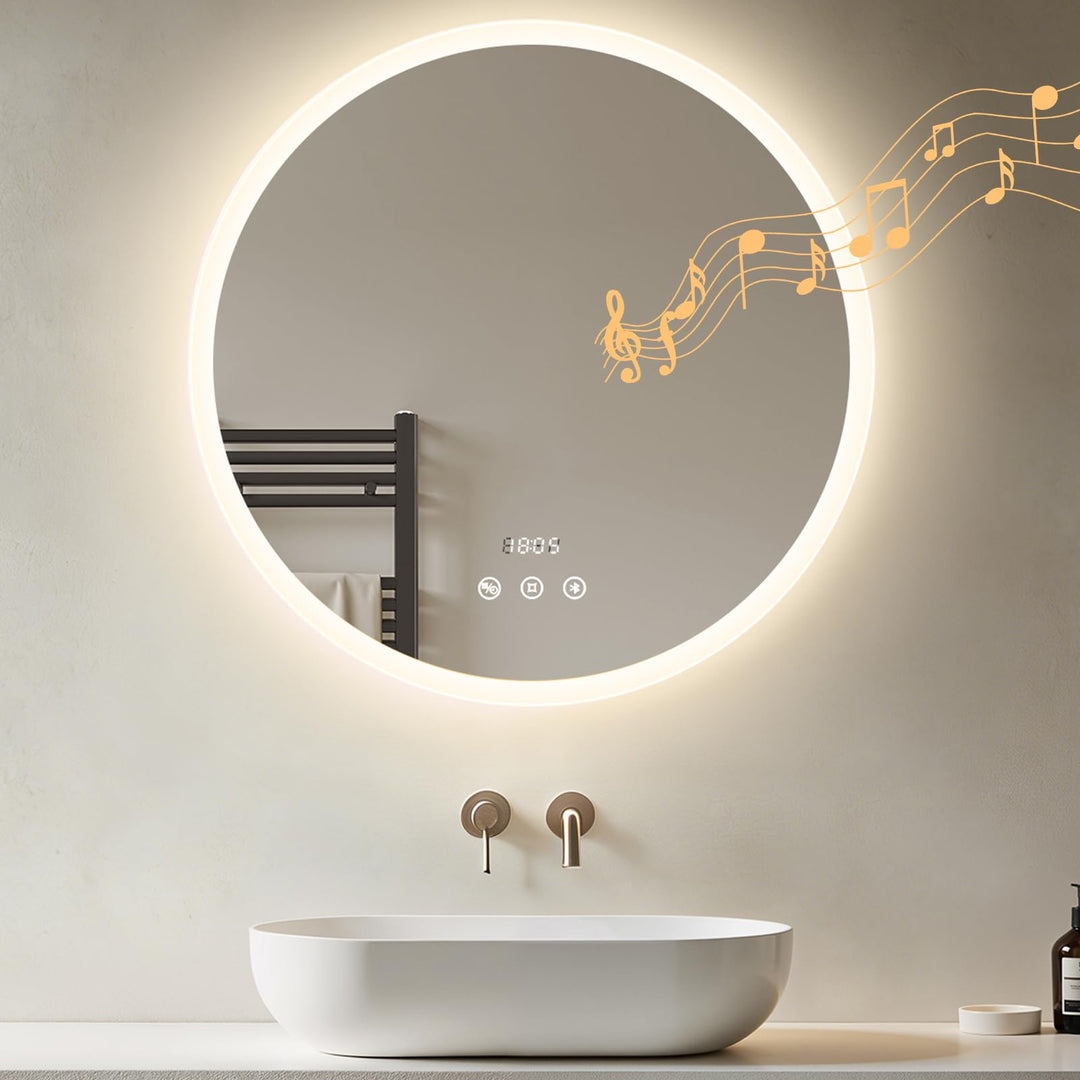 Heilmetz LED Badspiegel Rund 60cm mit Bluetooth Lautsprecher &amp; Acrylrahmen, Badezimmerspiegel mit Be