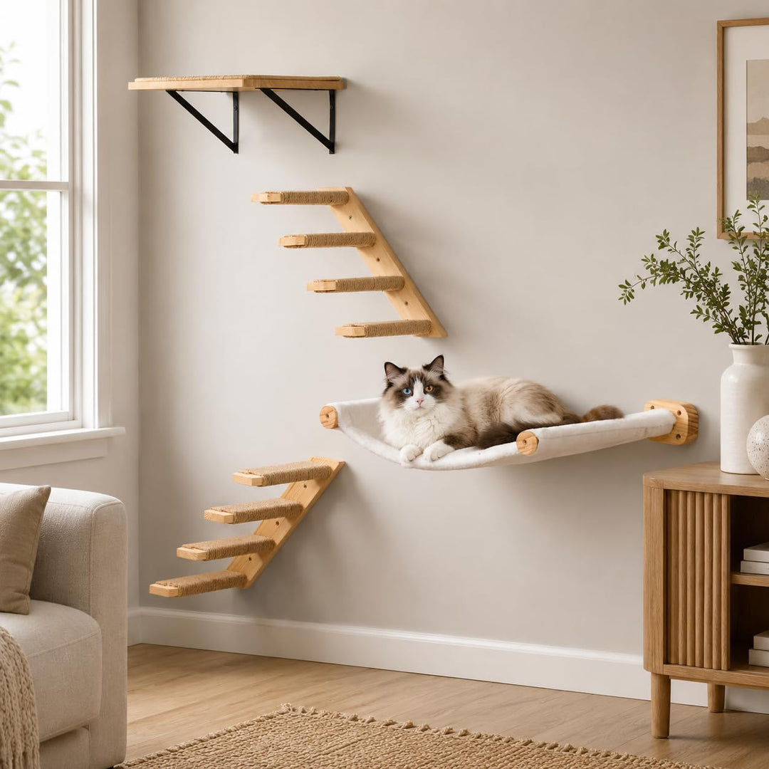4-Teilig Kletterwand Katzen, Wandmontiertes Katzenhängematte, Katzen Kletterwand Set, Katzenbett zum