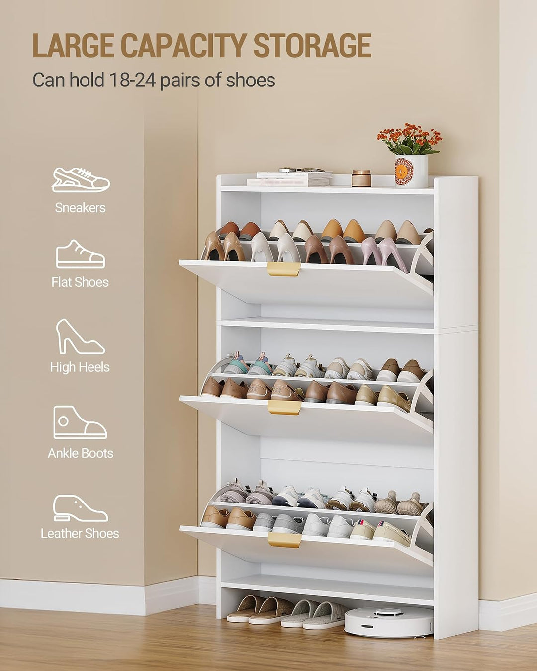 Hzuaneri Schuhschrank mit 3 Klappen, Schuhregal, Schuhkipper Schmal, Verstellbar, Schuhaufbewahrung,
