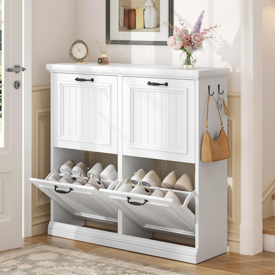 Hzuaneri Schuhschrank Schmal mit 4 Klappen, Klassischer Stil, Schuhkommode mit Holzoptik, Schmaler S