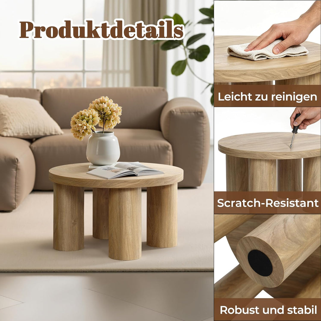 Hometopia Couchtisch Rund 70 cm aus Holz mit Säulenbeinen Eichenoptik Ø70 cm X H40 cm, Eichenoptik Ø