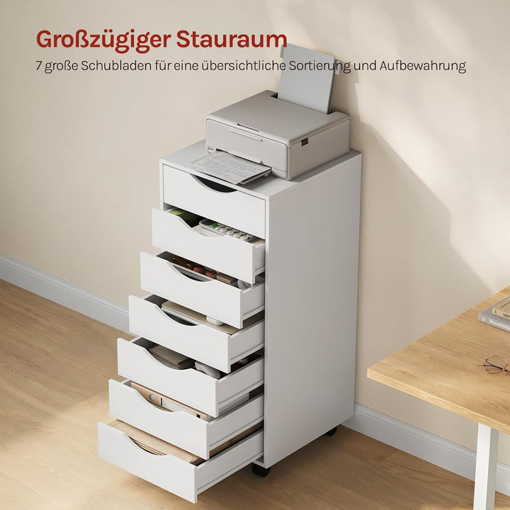 WOLTU Rollcontainer mit 7 Schubladen, mobiler Aktenschrank mit Rollen Weiss 7 Schubladen (90H cm), W