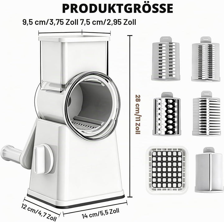 Käsereibe Mit Kurbel, 5-in-1 Gemüseschneider, Trommelreibe, Spülmaschinengeeignet Gemüsehobel Mit 11