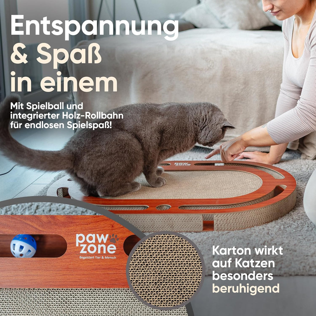 PAWZONE Kratzbrett [72x45 cm] beidseitig nutzbar + Pappe austauschbar [inkl. Katzenspielzeug] hochwe