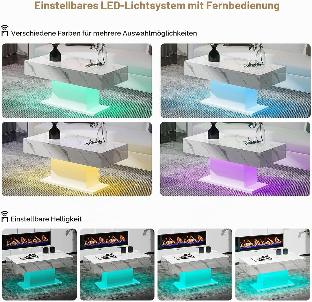 KEEPREAPER Couchtisch Hochglanz mit LED Beleuchtung modern Weiss marmor, Weiss Marmor