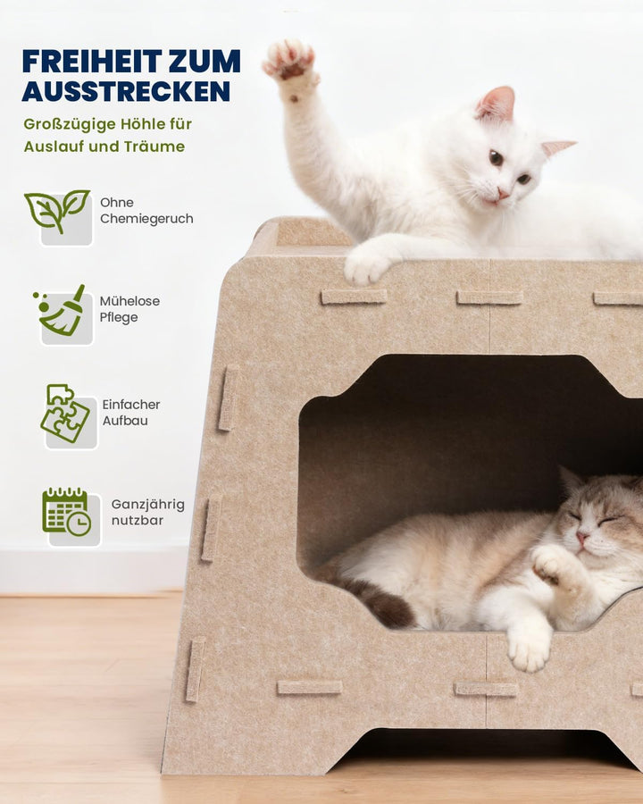 Katzenhöhle Filz Katzenhaus aus Filz für grosse Katzen, Katzen Höhle 2-Ebenen, Trapezform Stabiles K