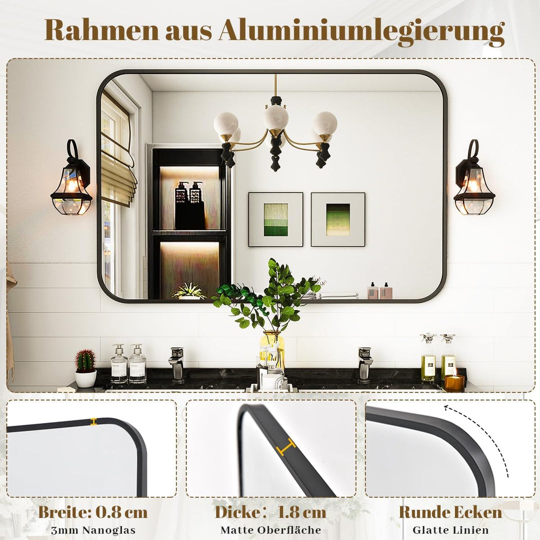 Koonmi Wandspiegel schwarz, 61x91 cm Badezimmerspiegel mit runder Ecke, Morden Spiegel Wand mit Rahm