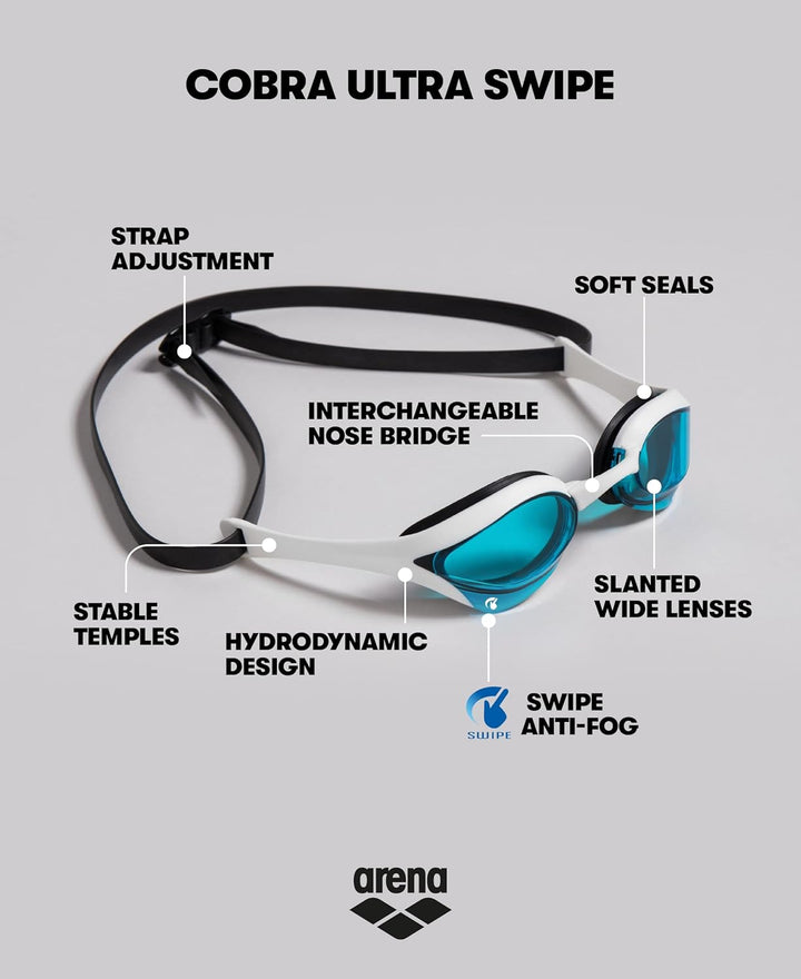 ARENA Unisex Cobra Ultra Swipe Schwimmbrillen (1er Pack) CLEAR-SHARK-GREY Einheitsgrösse Bundle mit
