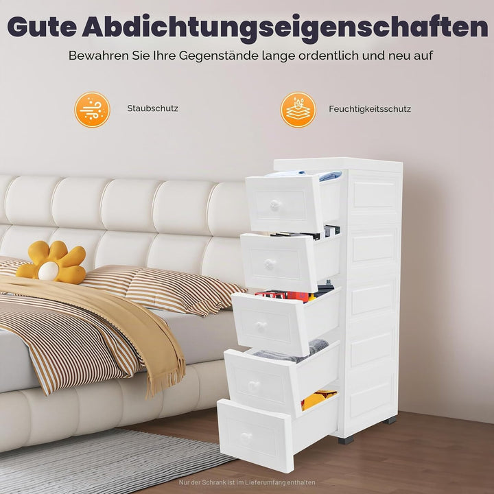 Pinuox Schubladenschrank Kunststoff, Rollcontainer mit 5 Schubladen Rollschrank aus Kunststoff Aufbe