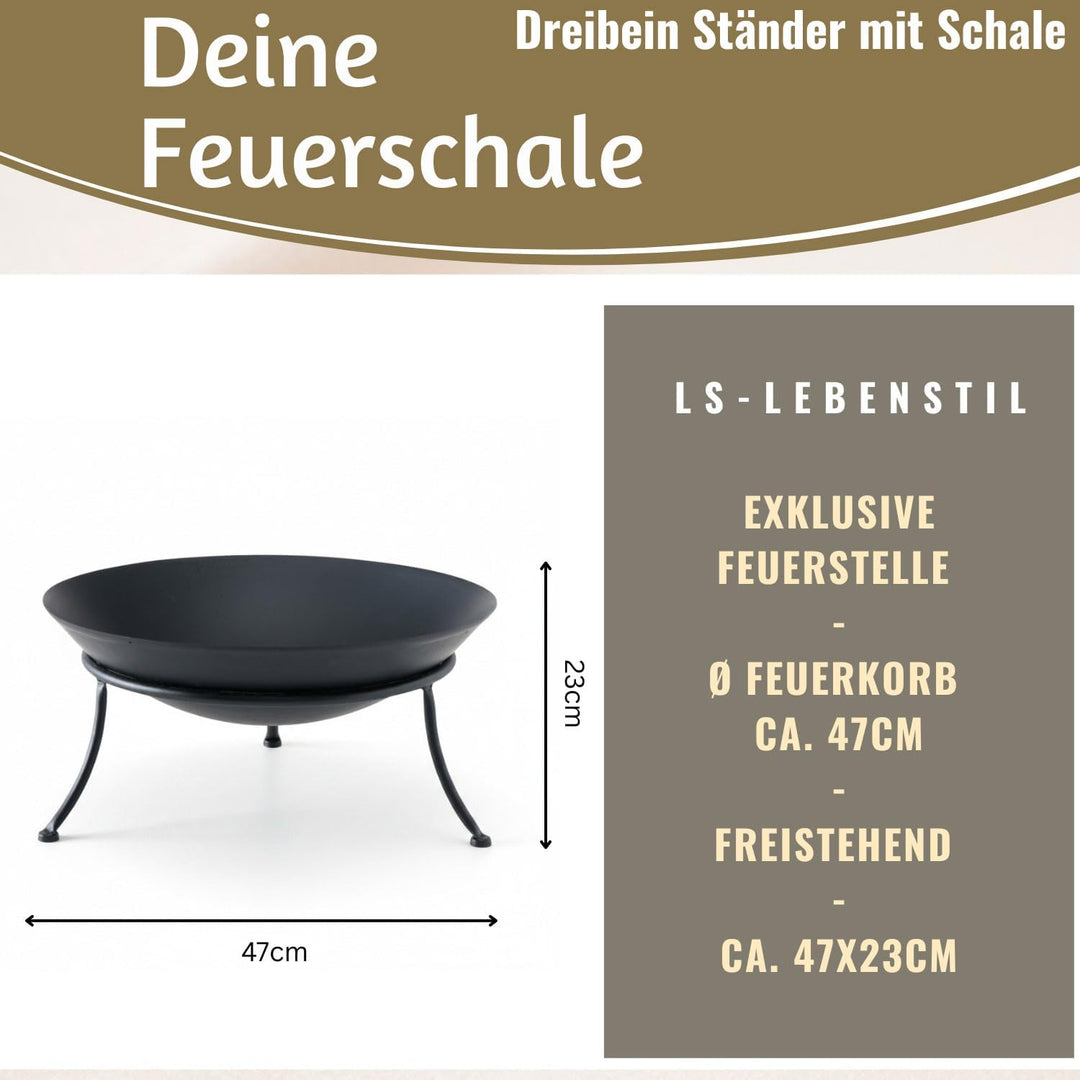 LS-LebenStil Feuerschale Eisen 47cm Schwarz Gestell 3-Bein mit Ring Schale, Schwarz