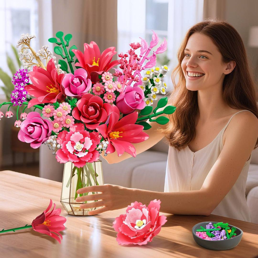 CUBIMANA 21 Blumen Blumenstrauss Bauset mit Licht für Erwachsene Mädche 12+ Rosa, Rosa