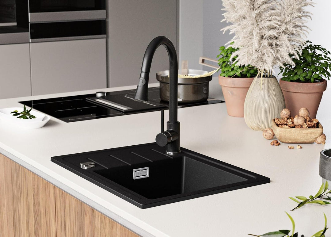 PRIMAGRAN Granitspüle Schwarz 55x44cm, Spülbecken 1 Becken + Küchenarmatur 40x38cm + Ablauf-Set, Küc