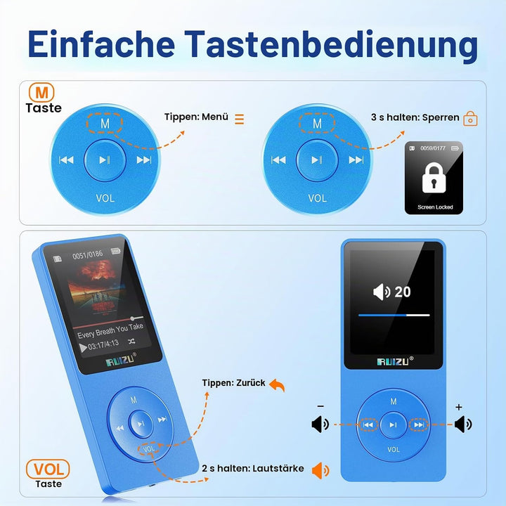 RUIZU MP3 Player 64GB Bluetooth 5.3 mit Tastensteuerung Königsblau, Königsblau