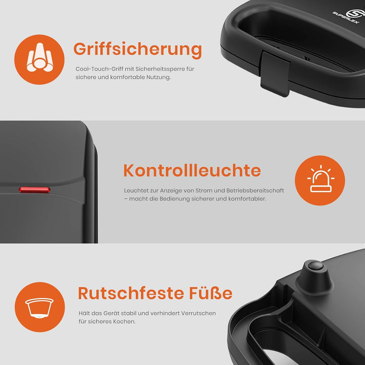 Sandwichmaker 750W mit Antihaftbeschichtung für 2 Sandwiches Automatischer Temperaturregelung Cool T