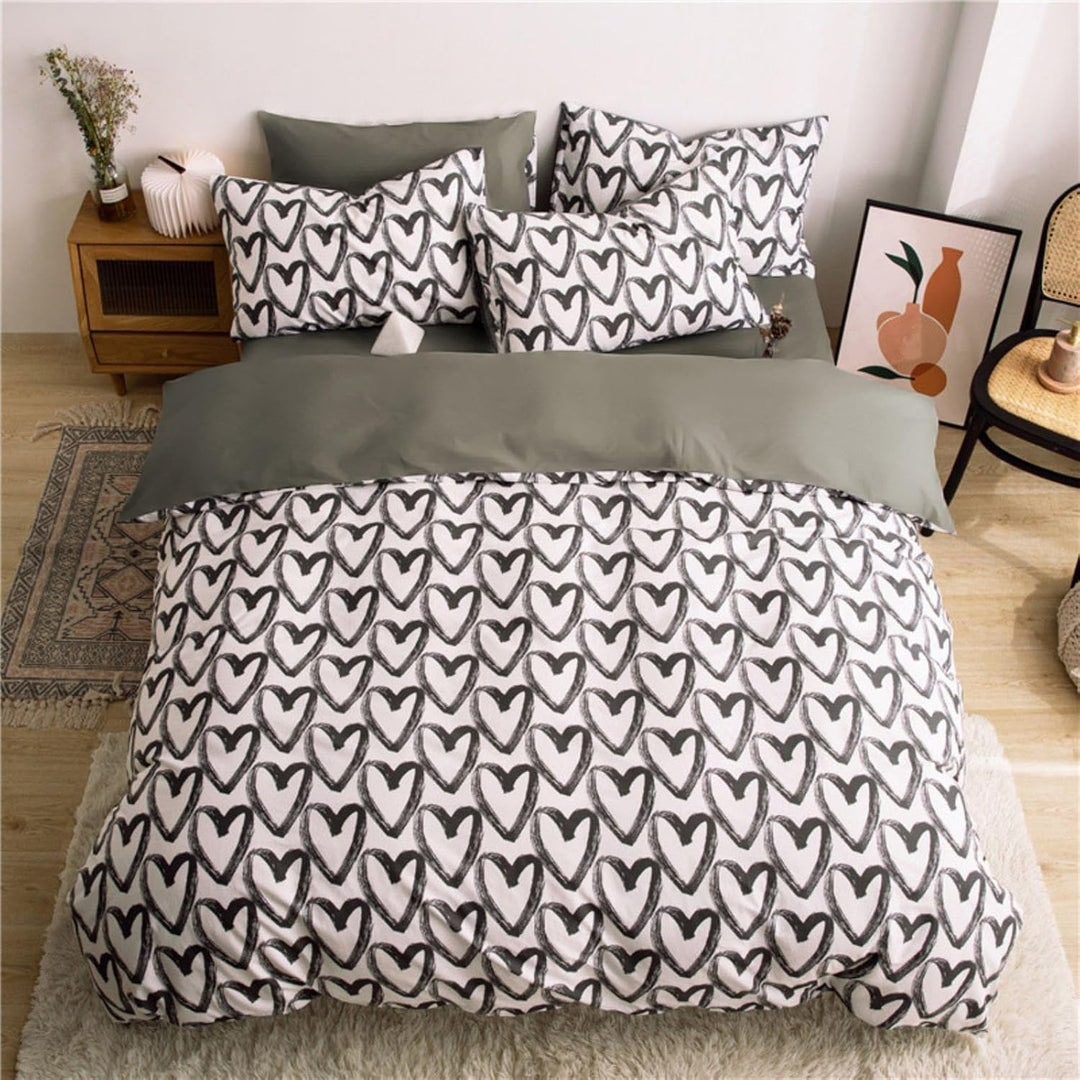 Freyamy Bettwäsche 200x220cm 3teilig Schwarz Weiss Herz Bettwaren-Sets Gebürstet Microfaser Weiche W
