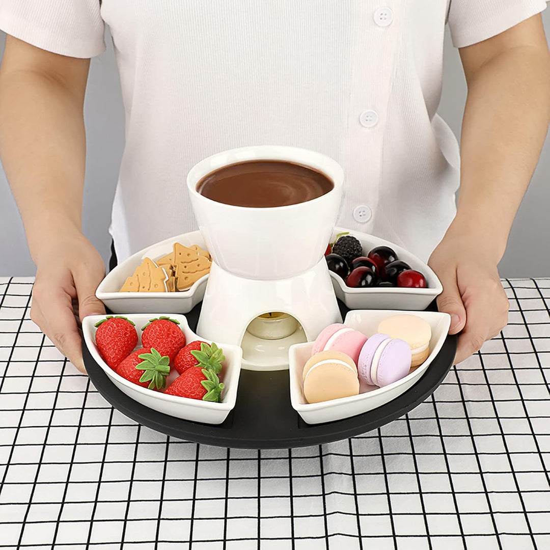SUMNACON Keramike Schokofondue-Topf-Set mit Holzpalette 4 Gabeln 4 Tellern Schoko Fondueset Käsefond