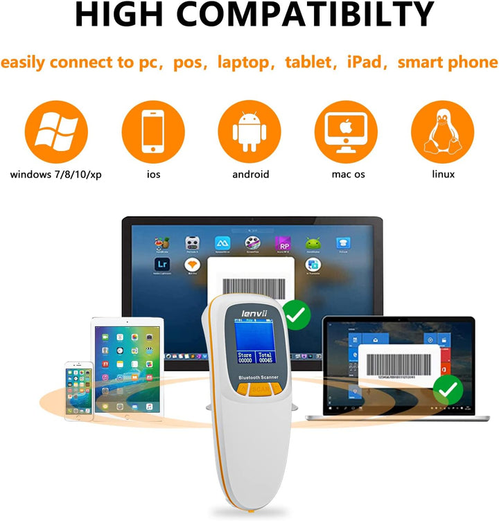 LENVII Mini Bluetooth 2D Barcode Scanner Kabellos – 3-in-1 mit LCD Display Weiss, Weiss