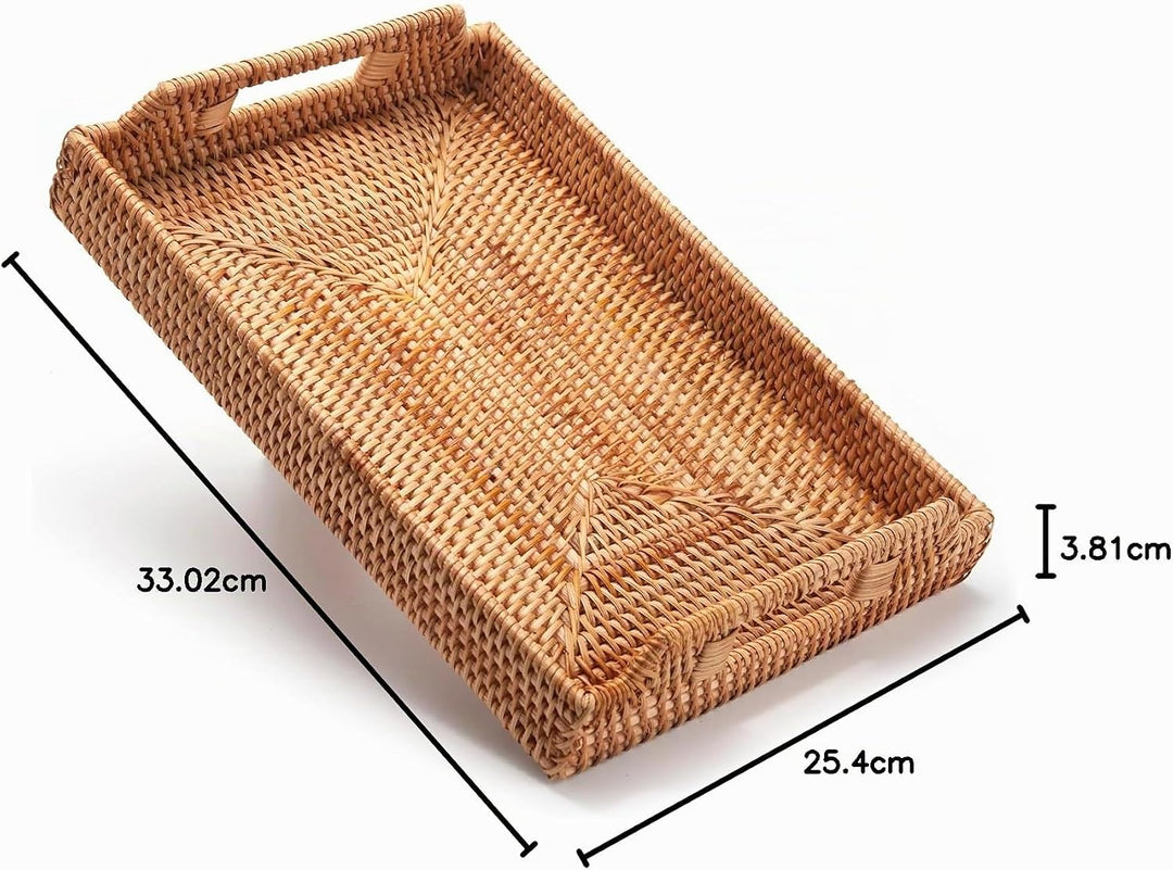 XIMISISE Rechteckige Rattan Serviertablett, Handgewebtes Serviertablett mit Griffen, Wicker Servierk