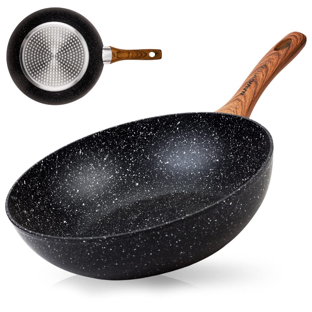 NAVA Wok aus Aluminium, antihaftbeschichtet, für Induktion, Holzgriff, Durchmesser 28 cm