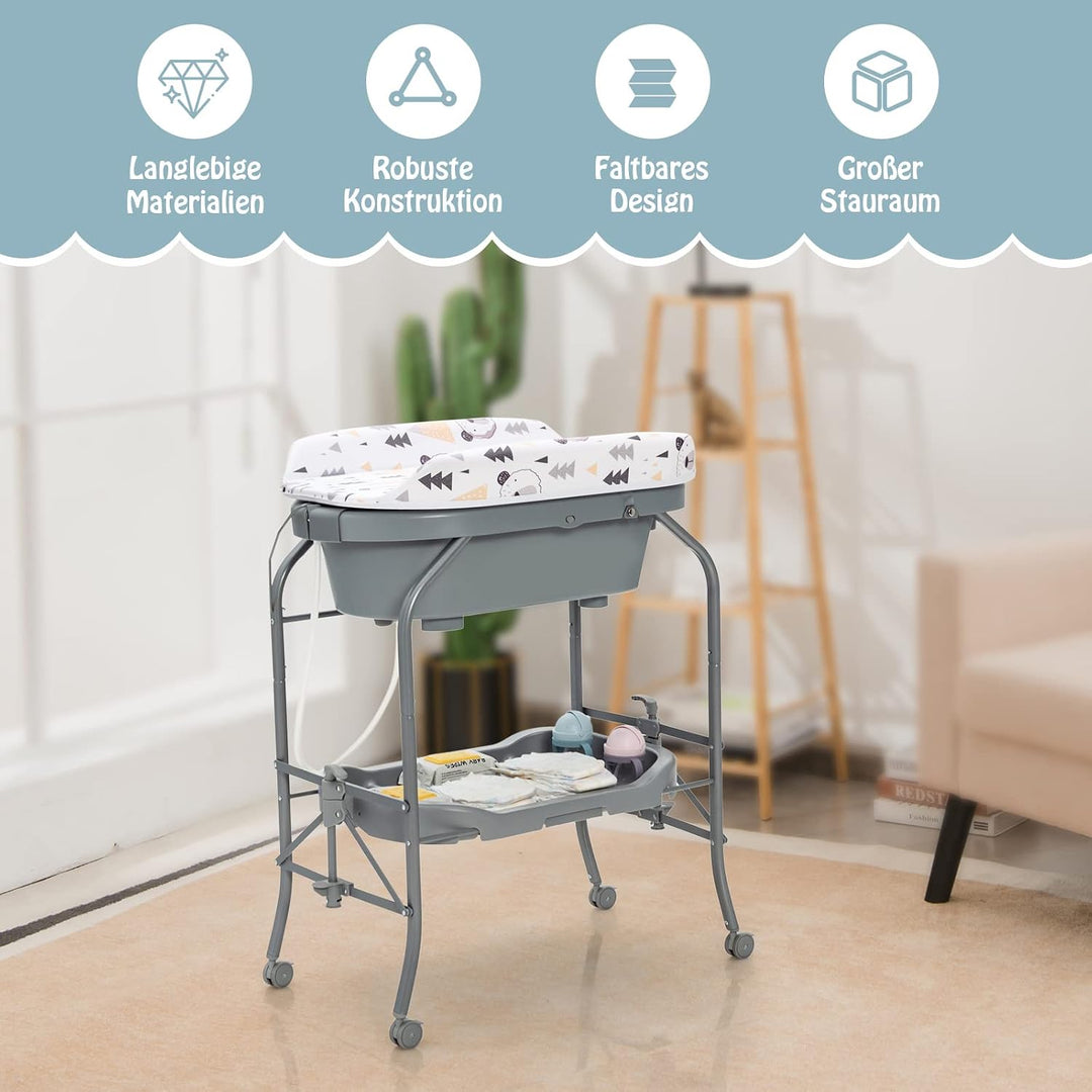 DREAMADE 2 in 1 Wickeltisch &amp; Badewanne mit Gestell, Wickeltisch Klappbar, Wickelkommode auf Rollen