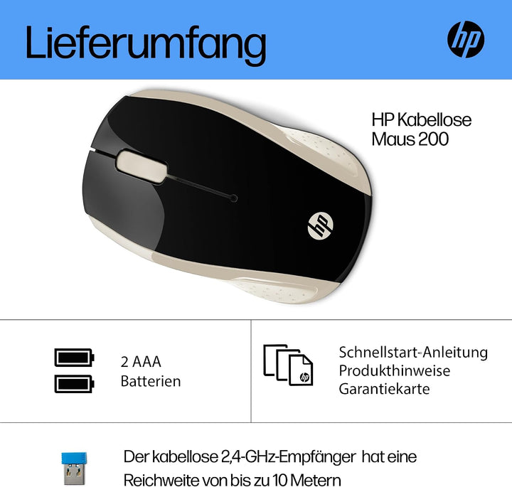 HP 200 (2HU84AA) kabellose Maus (1.000 dpi, 3 Tasten, Scrollrad, USB dongle) schwarz / silber Schwar