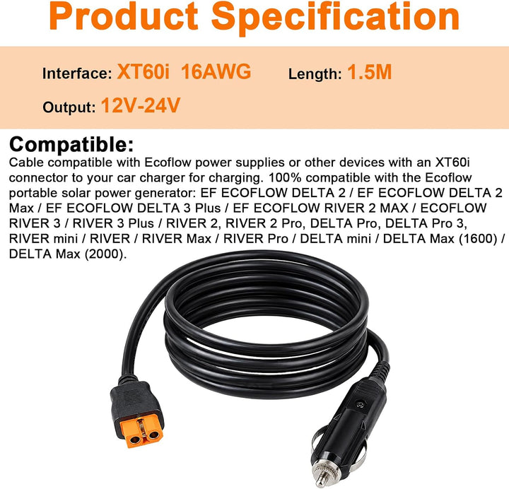 XT60i Kfz Ladekabel, Kompatibel mit Ecoflow, 1,5 M 16 AWG Netzteil