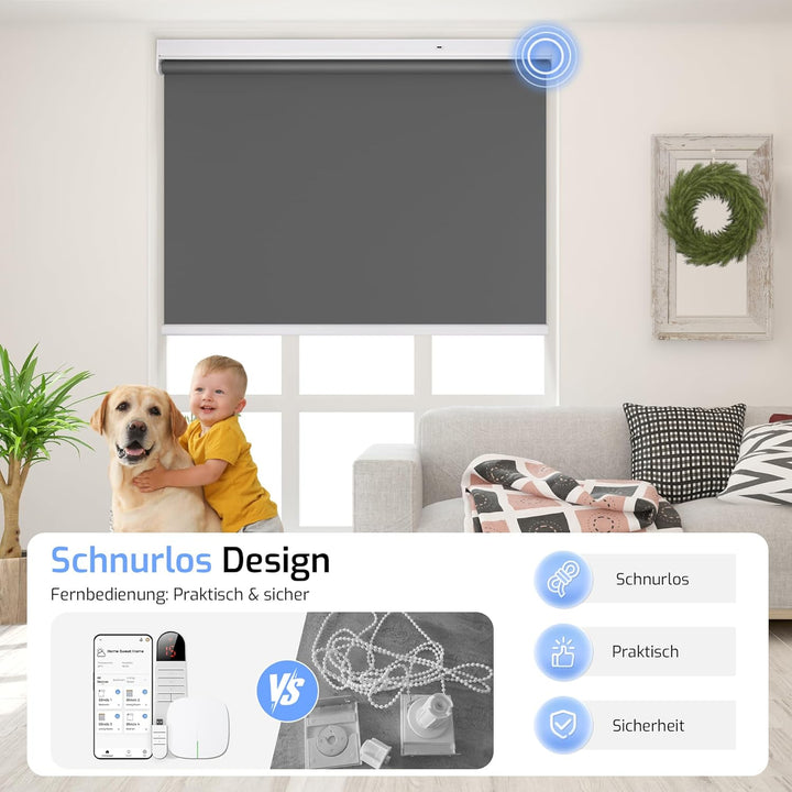 Grandekor Elektrische Rollos mit Lithiumbatterie,Elektrisches Verdunklungsrollo mit Motor &amp; Fernbedi
