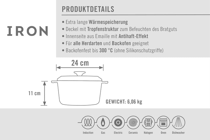 Woll Iron Gusstopf mit Deckel und Silikongriffen - Induktiv -, Ø 24 cm, 11 cm hoch, 4,2l - Geeignet