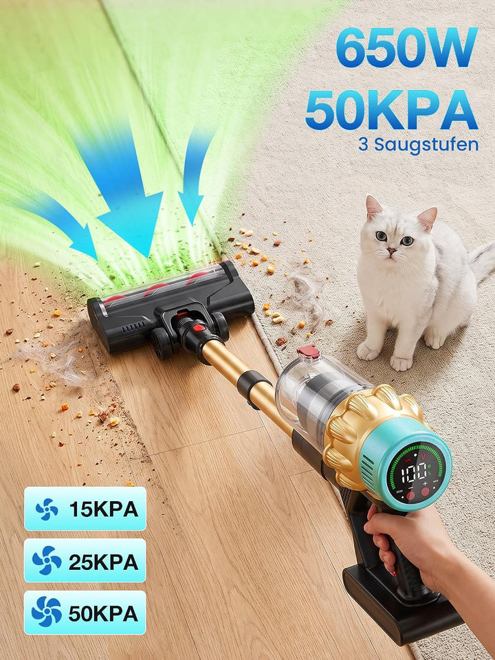 Akku Staubsauger Kabellos 650W 50KPA mit V-Anti-Tangle Bürste