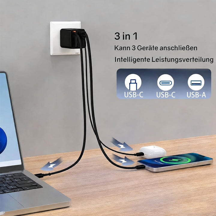 ERBO USB C Ladegerät 120W GaN, Schnellladegerät mit Einziehbarem Ladekabel, USB-C Kabel, 3-Port USB-