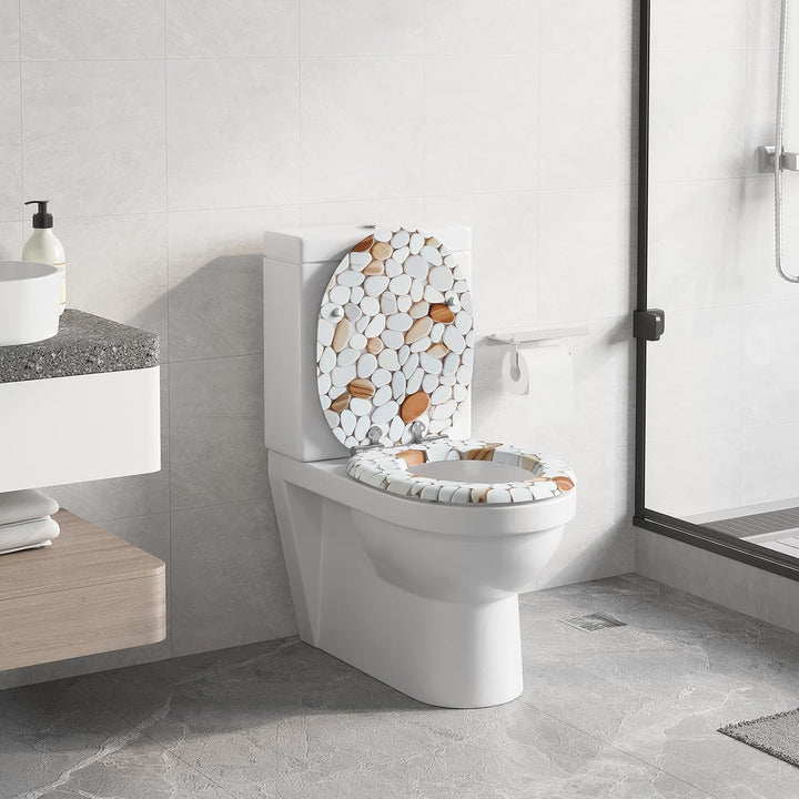 WOLTU Toilettendeckel mit Absenkautomatik, WC Sitz O Form, Klodeckel mit Kieselstein-Motiv, Klobrill