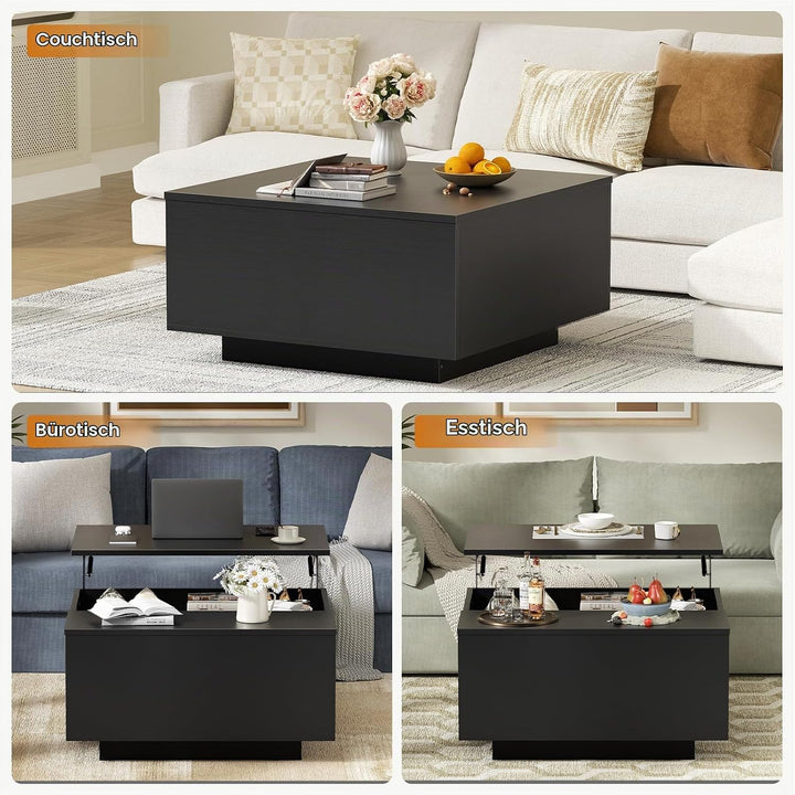 Quadratischer Couchtisch Schwarz mit Lift-Top, verstecktem Stauraum, Schwarz