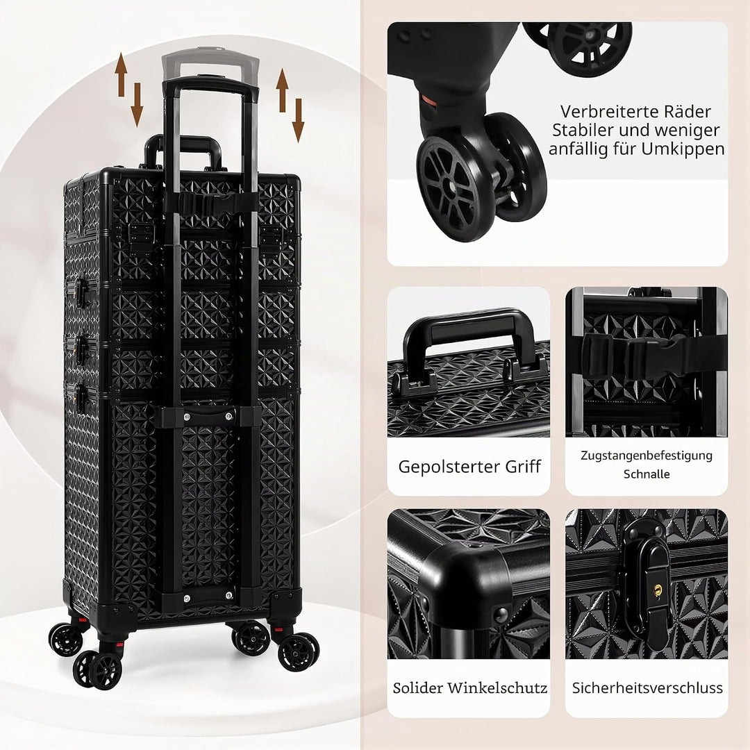 Arous 5-in-1 Profi-Kosmetikkoffer, Aluminium, mit 360° drehbaren Rädern Schwarz, Schwarz