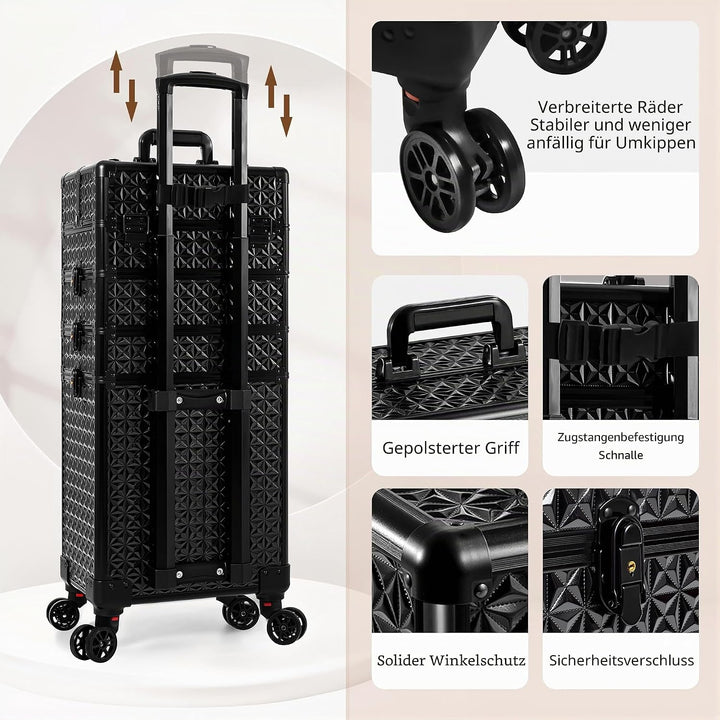 Arous 5-in-1 Profi-Kosmetikkoffer, Aluminium, mit 360° drehbaren Rädern Schwarz, Schwarz