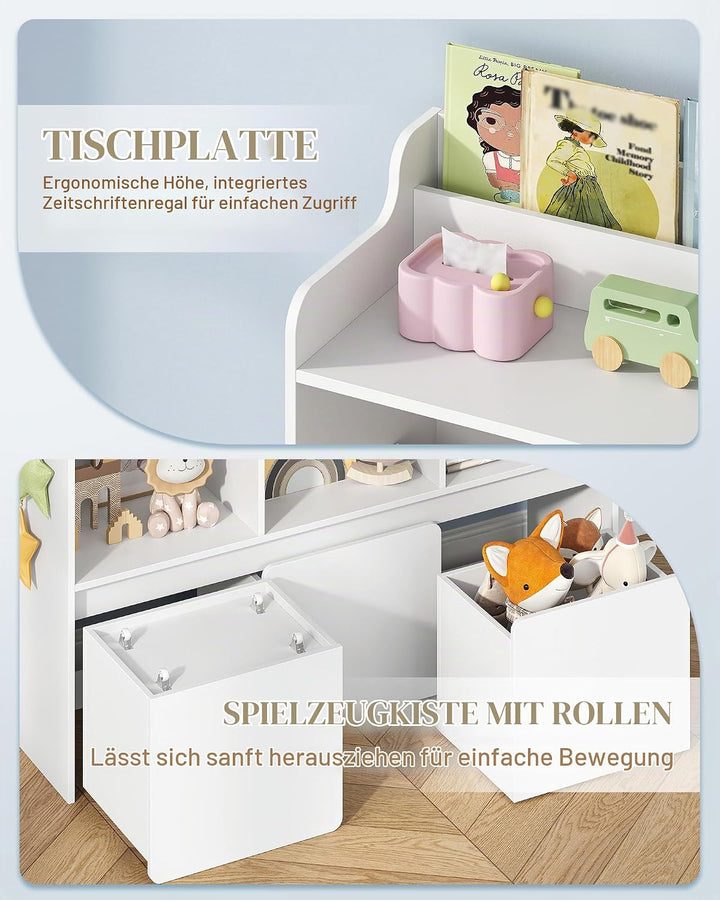 Hzuaneri Kinderregal mit Bücherfach &amp; Rollschubladen 30 x 108 x 80 cm, Weiss | 3 offene Fächer, 3 ro