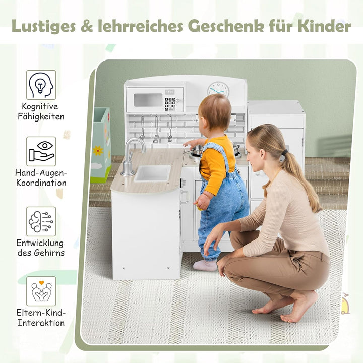 GOPLUS Eck Spielküche, Kinderspielküche mit Mikrowellenofen, Wasserspender, Herd, Dunstabzugshaube,