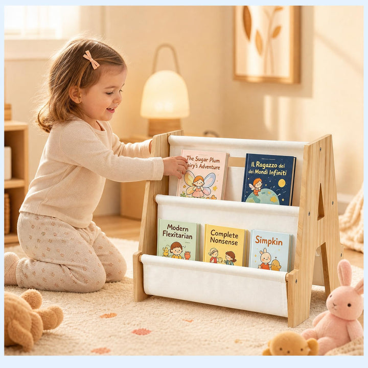 Bücherregal Kinder doppelseitig, Kinder Bücherregal Holz A-Form, Kinderregal im Montessori Stil mit