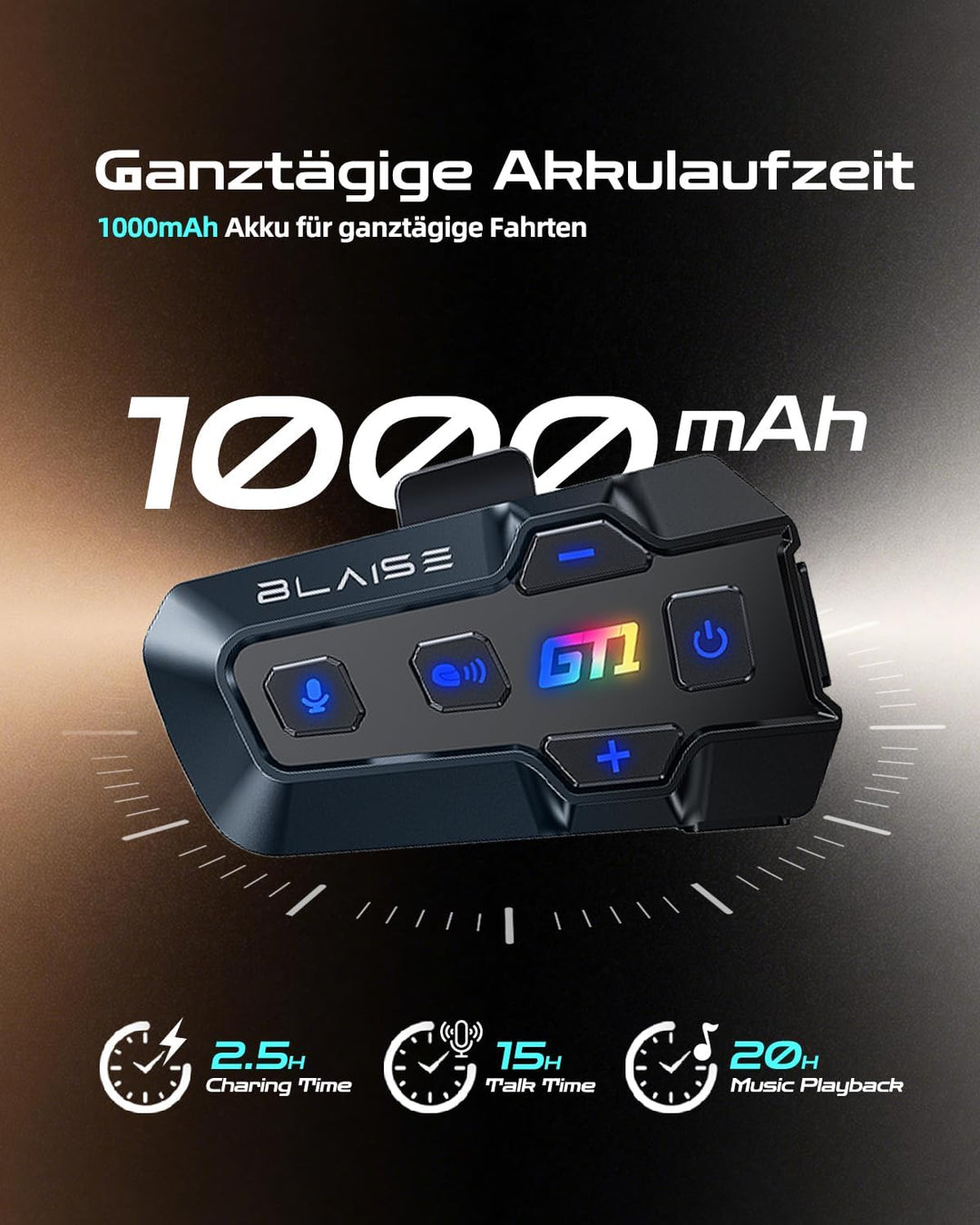 Blaise GT1 Motorrad Bluetooth Headset für 2 Fahrer, Helm Gegensprechanlage Einzelpack, Einzelpack