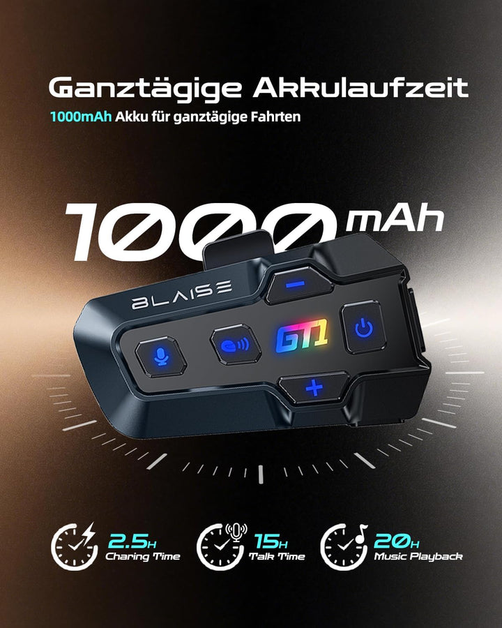 Blaise GT1 Motorrad Bluetooth Headset für 2 Fahrer, Helm Gegensprechanlage Einzelpack, Einzelpack