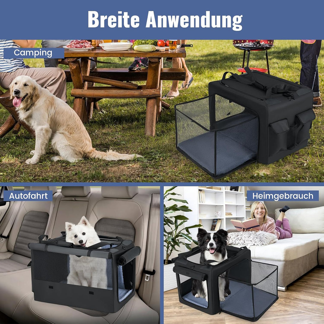COSTWAY Hundebox faltbar, Transportbox Hund mit 2 Öffnungen, Fenster, Netzkorb, Griffen &amp; Tasche, Hu