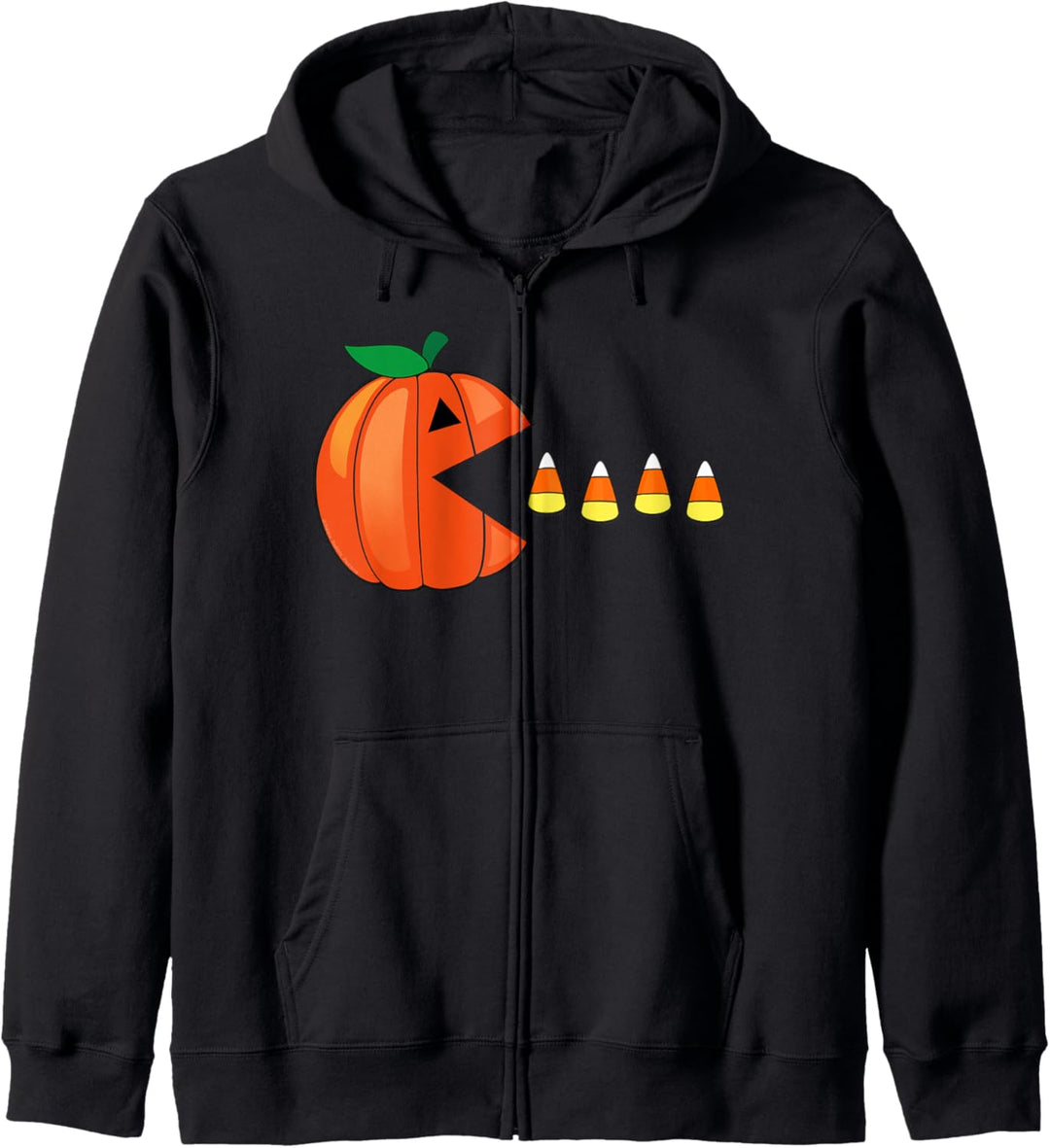 Lustiger Halloween-Kürbis, isst Süssigkeiten-Mais. Kapuzenjacke