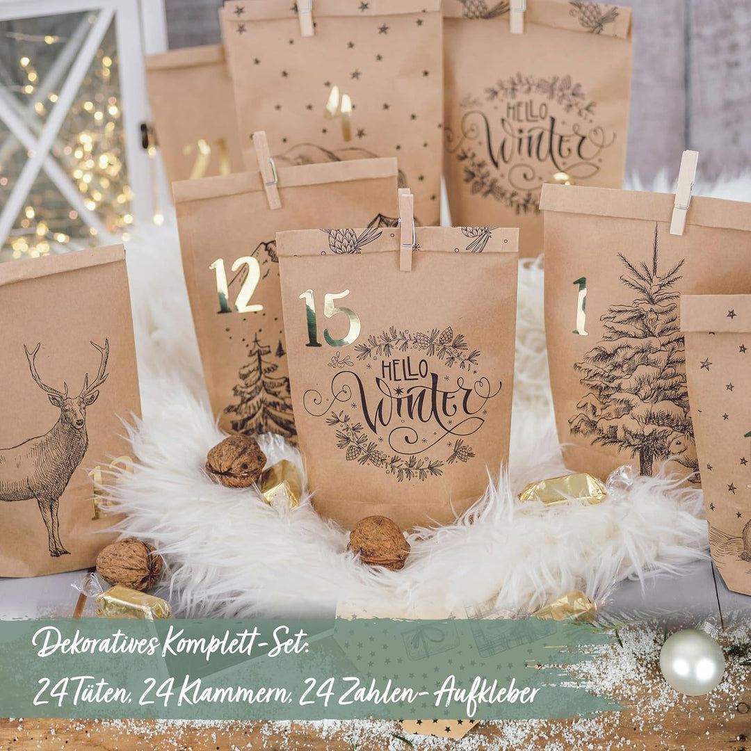 Papierdrachen Adventskalender 2025 zum Befüllen - 24 bedruckte Papiertüten mit Zahlenaufklebern &amp; Kl