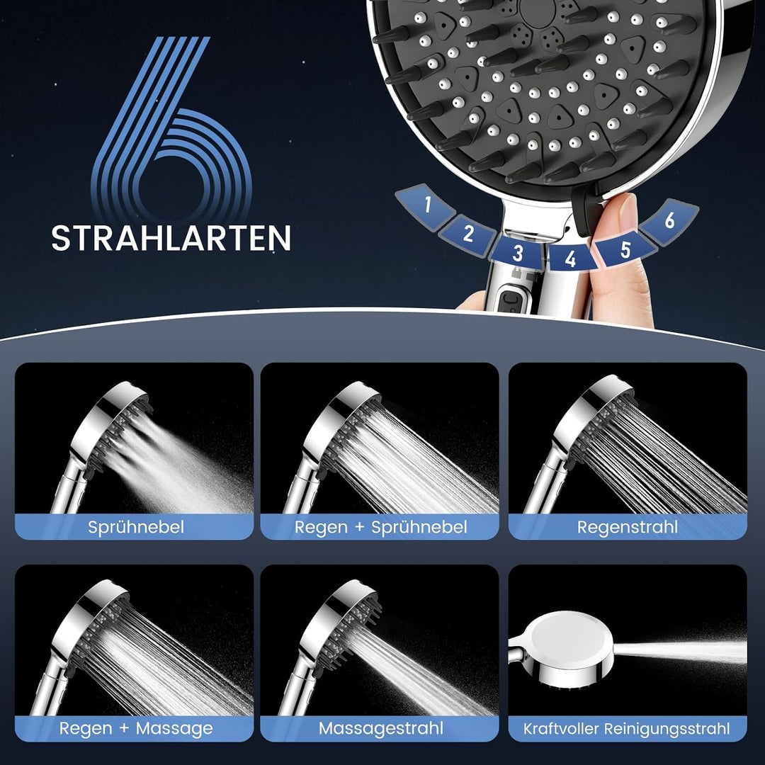 FEELSO Duschkopf mit 1,8 m Schlauch, grosse Duschfläche, 9 cm verlängerbar Silber, Silber