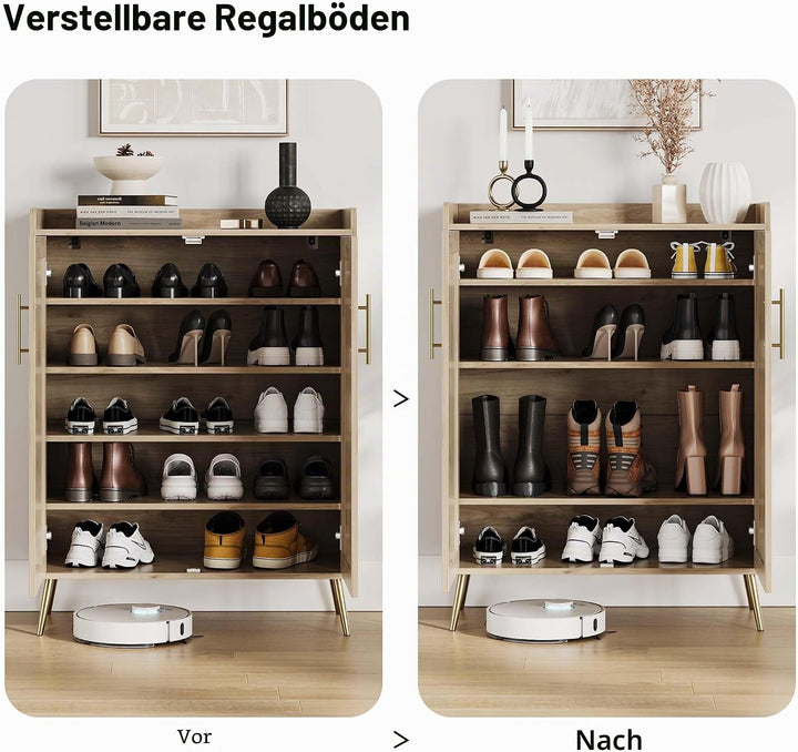 Rattan-Schuhschrank 5 Ebenen, Landhausstil Schuhschrank mit Türen &amp; Verstellbare Regale, Stabile Met