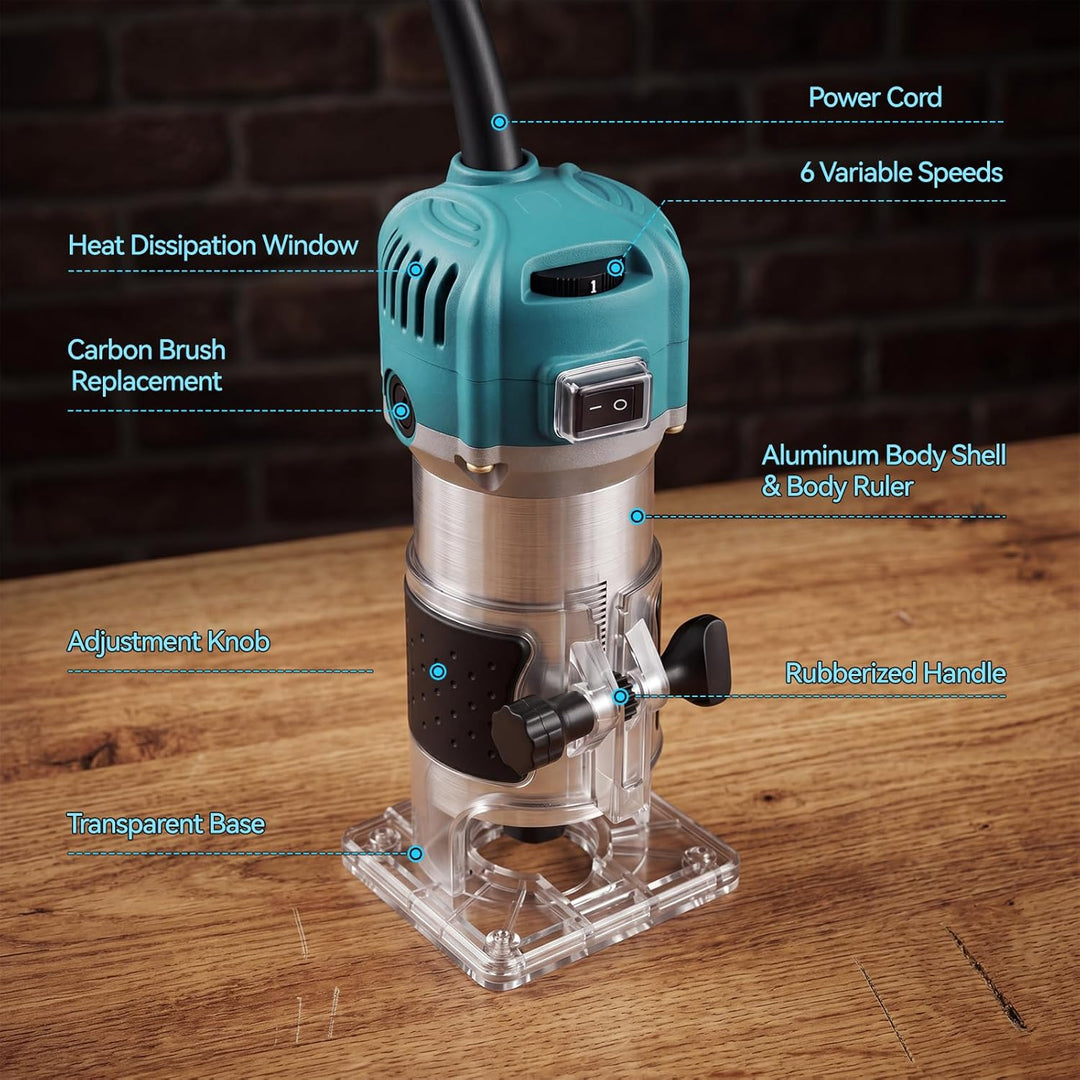 Elektrische Palm Router Tool 800W, Variable 6 Geschwindigkeiten Trim Router Max 33000R/MIN, Holz Rou