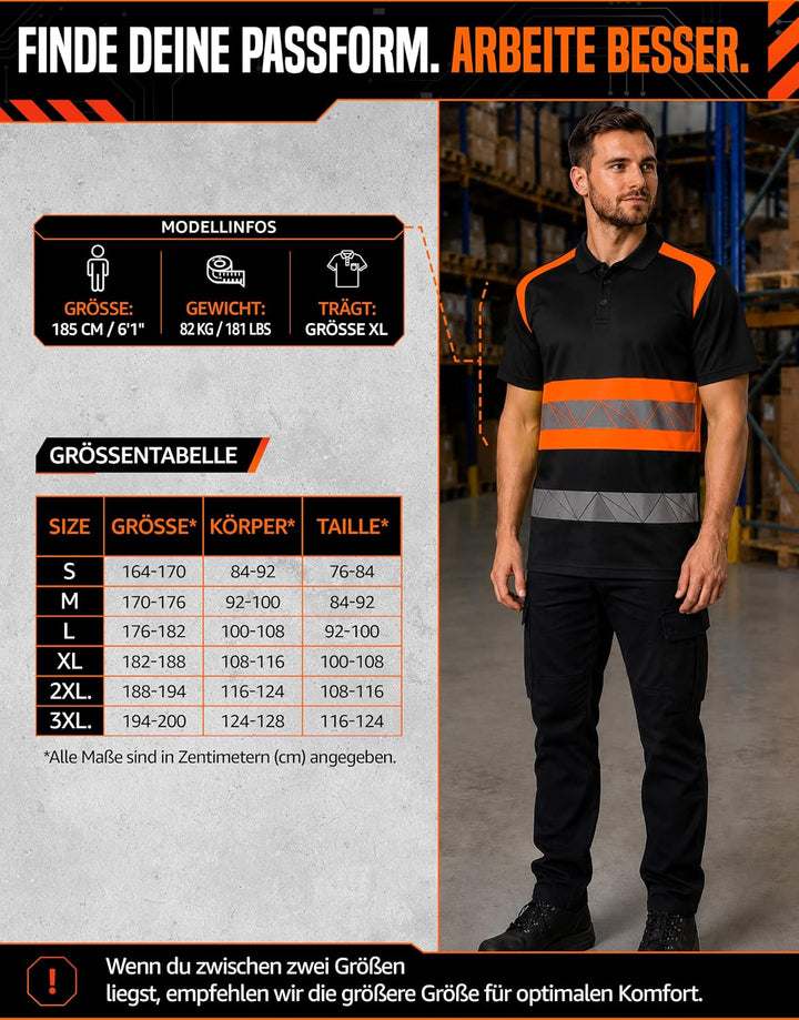 Warnschutz T-Shirt Polo - Atmungsaktiv mit Reflexstreifen und Baumwolle - Warn Tshirt Herren XXL Sch