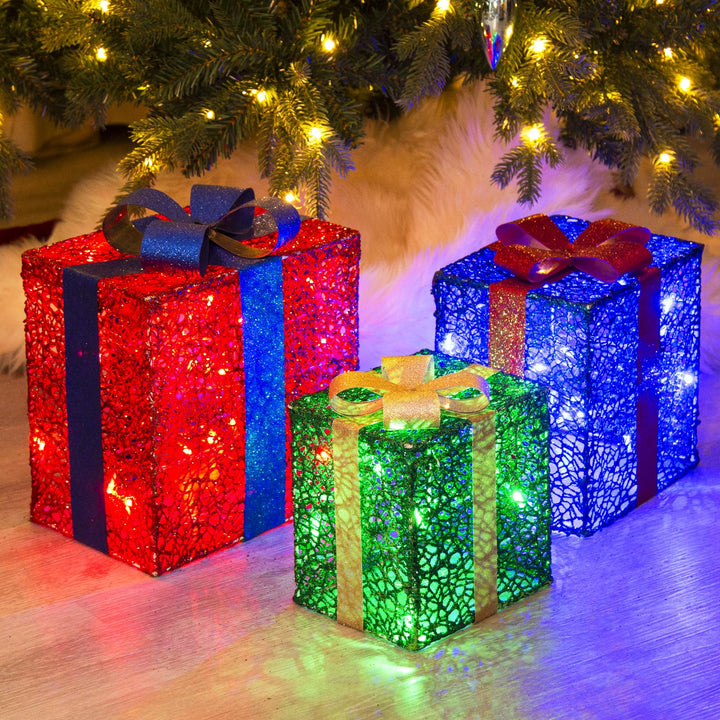 DELICHTER LED Weihnachtsdeko, 3× Rot/Grün/Blau Geschenkbox mit Schleifen Weihnachtsbeleuchtung für I